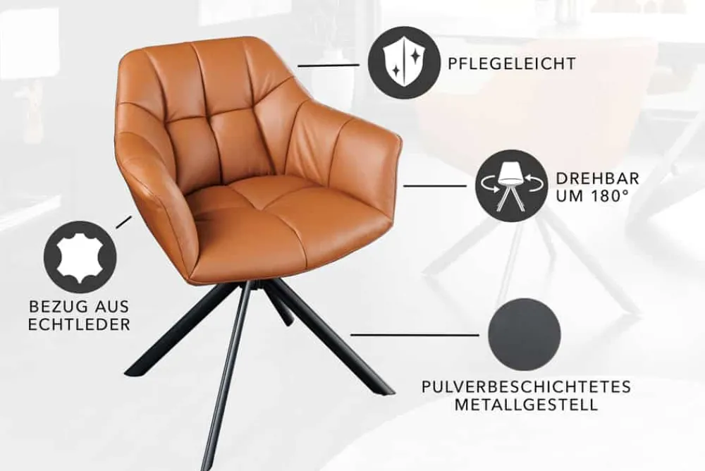 Riess-Ambiente Stühle > Drehbarer Stuhl PAPILLON cognac Echtleder mit Armlehne schwarzes Gestell