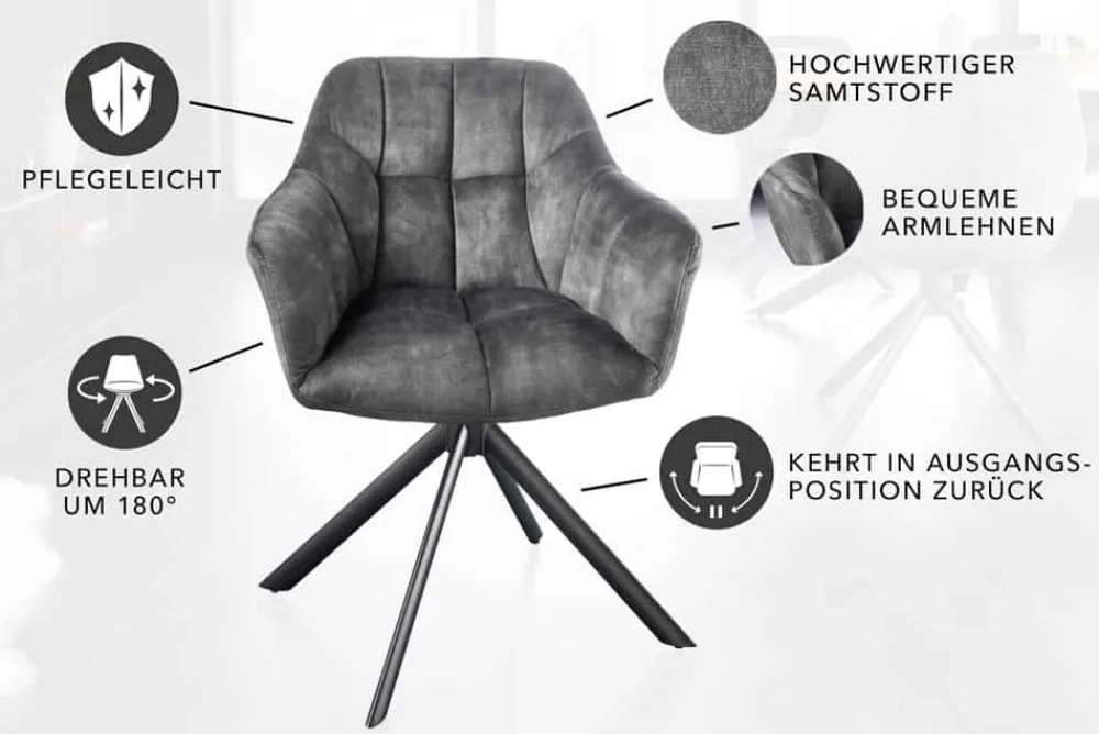 Riess-Ambiente Industrial Loft|Stühle > Drehbarer Stuhl PAPILLON grau Samt schwarze Metallbeine Armlehnen