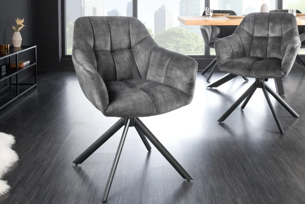 Riess-Ambiente Industrial Loft|Stühle > Drehbarer Stuhl PAPILLON grau Samt schwarze Metallbeine Armlehnen