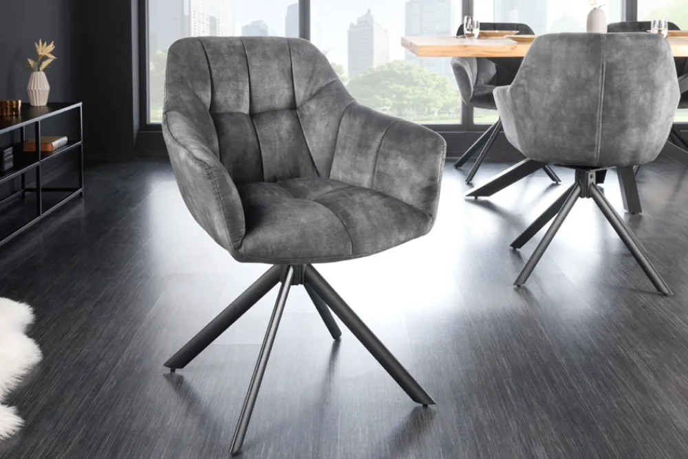 Riess-Ambiente Industrial Loft|Stühle > Drehbarer Stuhl PAPILLON grau Samt schwarze Metallbeine Armlehnen