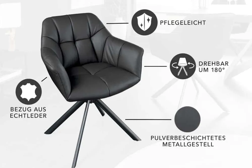 Riess-Ambiente Stühle > Drehbarer Stuhl PAPILLON schwarz Echtleder mit Armlehne schwarzes Gestell