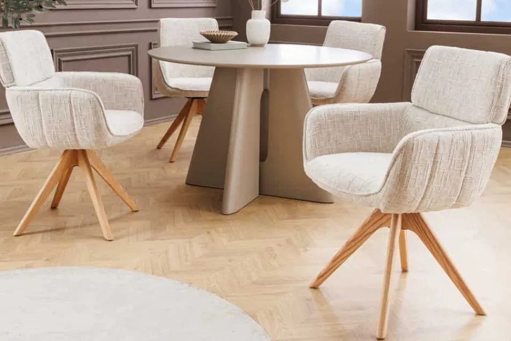 Riess-Ambiente Retro Möbel|Stühle > Drehbarer Stuhl UNIQUE beige Chenille Eichenholzbeine mit Armlehne