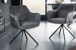 Riess-Ambiente Retro Möbel|Industrial Loft > Drehbarer Stuhl VERONA dunkelgrau Samt Strukturstoff mit Armlehne Metallbeine schwarz