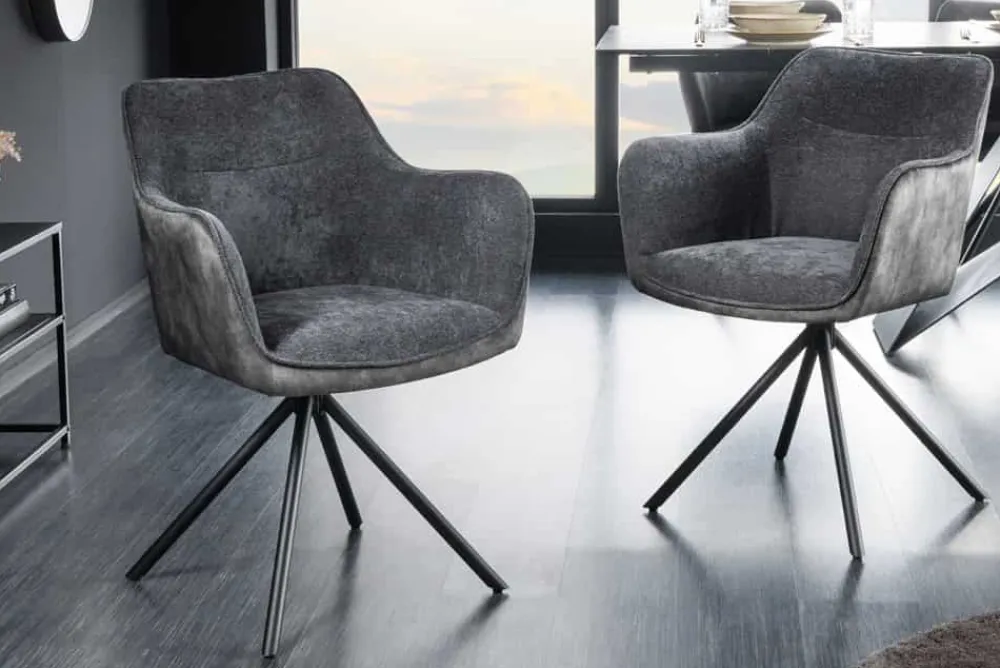 Riess-Ambiente Retro Möbel|Industrial Loft > Drehbarer Stuhl VERONA dunkelgrau Samt Strukturstoff mit Armlehne Metallbeine schwarz