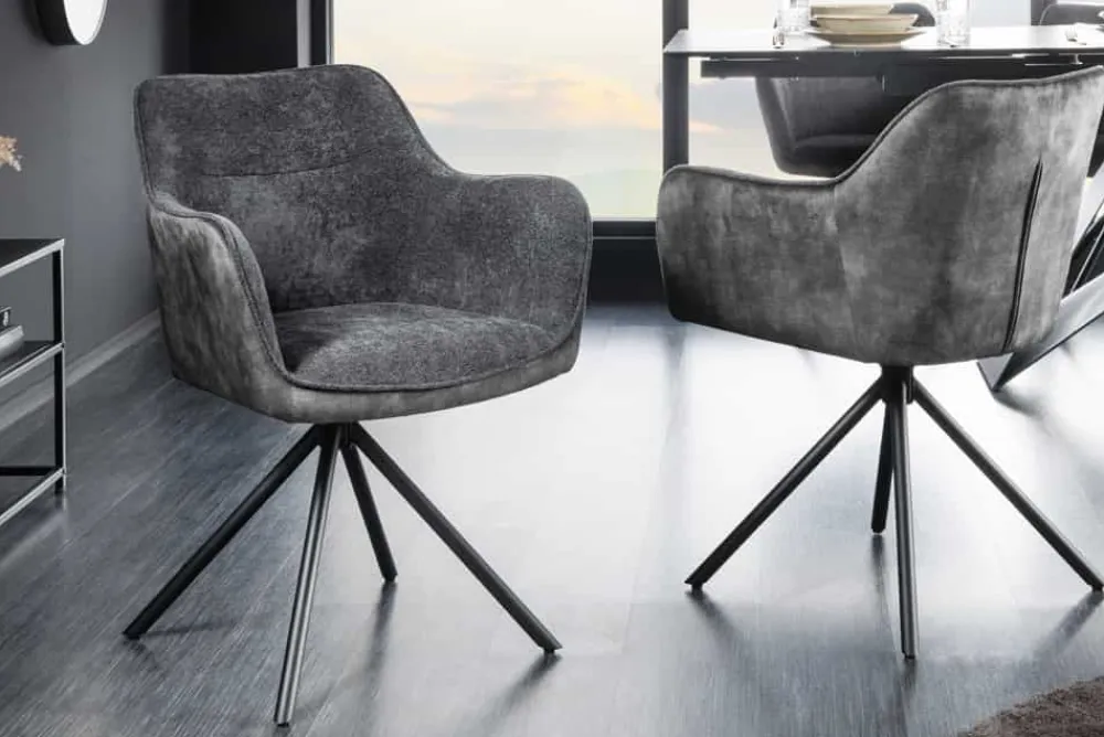 Riess-Ambiente Retro Möbel|Industrial Loft > Drehbarer Stuhl VERONA dunkelgrau Samt Strukturstoff mit Armlehne Metallbeine schwarz