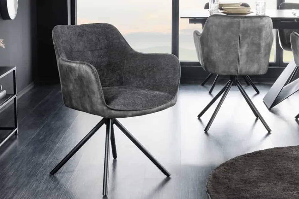 Riess-Ambiente Retro Möbel|Industrial Loft > Drehbarer Stuhl VERONA dunkelgrau Samt Strukturstoff mit Armlehne Metallbeine schwarz