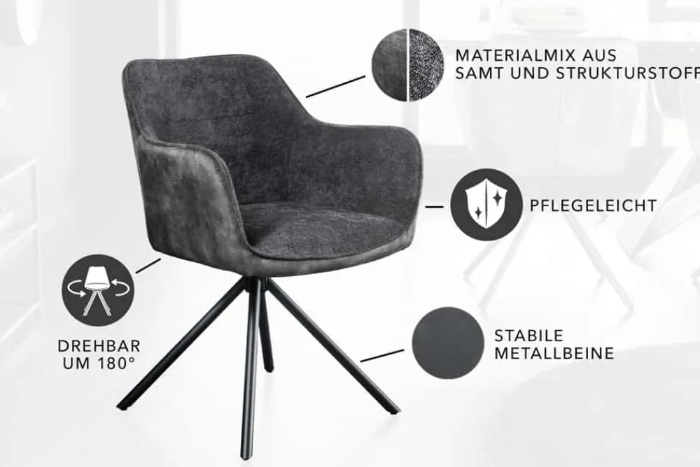 Riess-Ambiente Retro Möbel|Industrial Loft > Drehbarer Stuhl VERONA dunkelgrau Samt Strukturstoff mit Armlehne Metallbeine schwarz