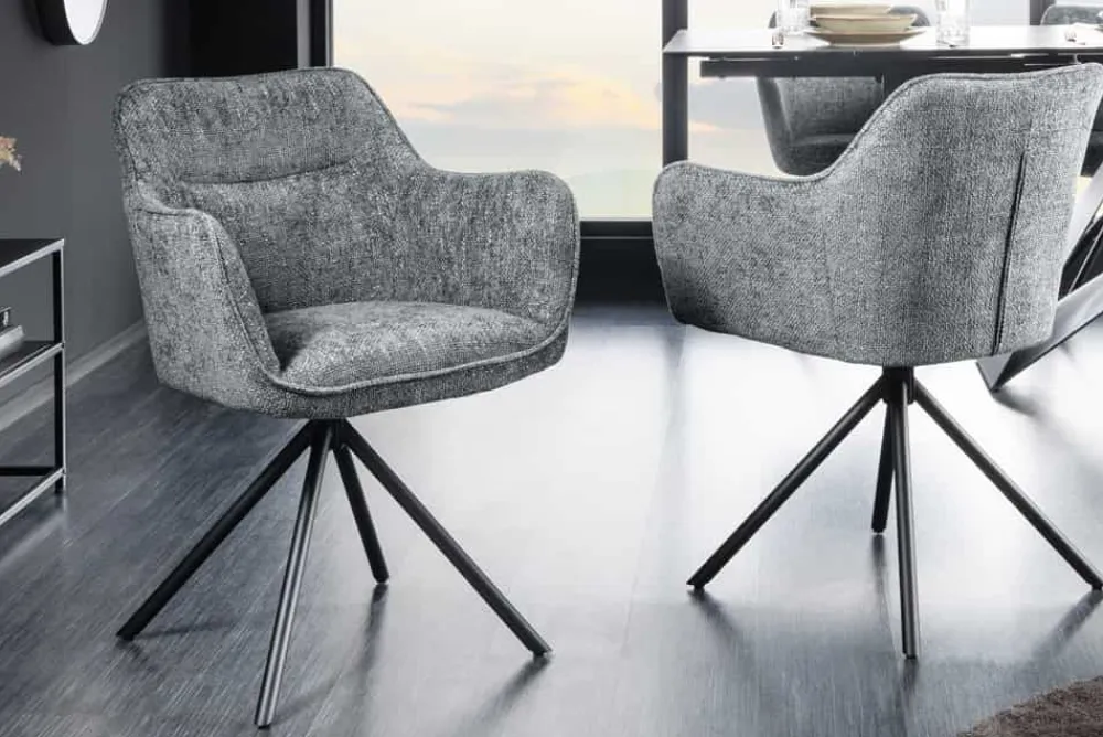 Riess-Ambiente Retro Möbel|Industrial Loft > Drehbarer Stuhl VERONA grau Strukturstoff mit Armlehne Metallbeine schwarz