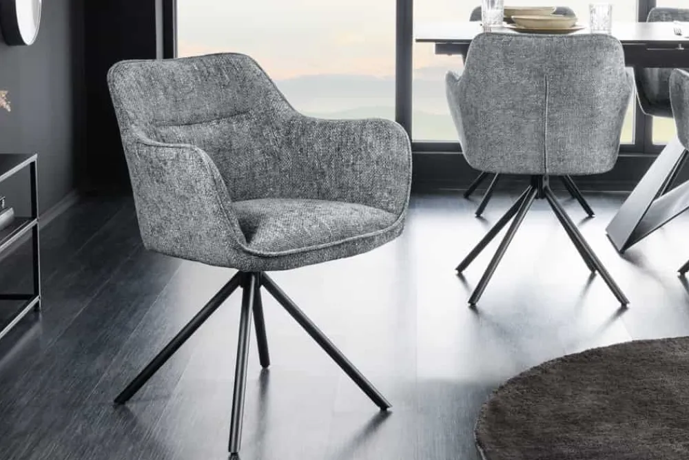 Riess-Ambiente Retro Möbel|Industrial Loft > Drehbarer Stuhl VERONA grau Strukturstoff mit Armlehne Metallbeine schwarz