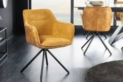 Riess-Ambiente Retro Möbel|Industrial Loft > Drehbarer Stuhl VERONA senfgelb Samt Strukturstoff mit Armlehne Metallbeine schwarz