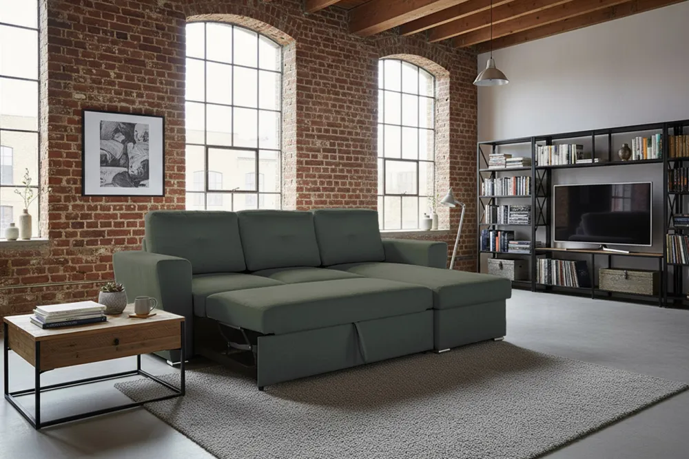 Riess-Ambiente 3-Sitzer Sofa > Ecksofa mit Schlaffunktion APARTMENT beidseitig aufbaubar grün Strukturstoff inkl. Stauraum