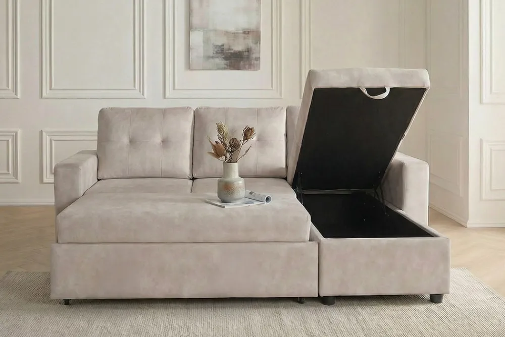 Riess-Ambiente Samt Möbel|Ecksofa > Ecksofa mit Schlaffunktion APARTMENT beidseitig aufbaubar champagner beige Samt inkl. Stauraum
