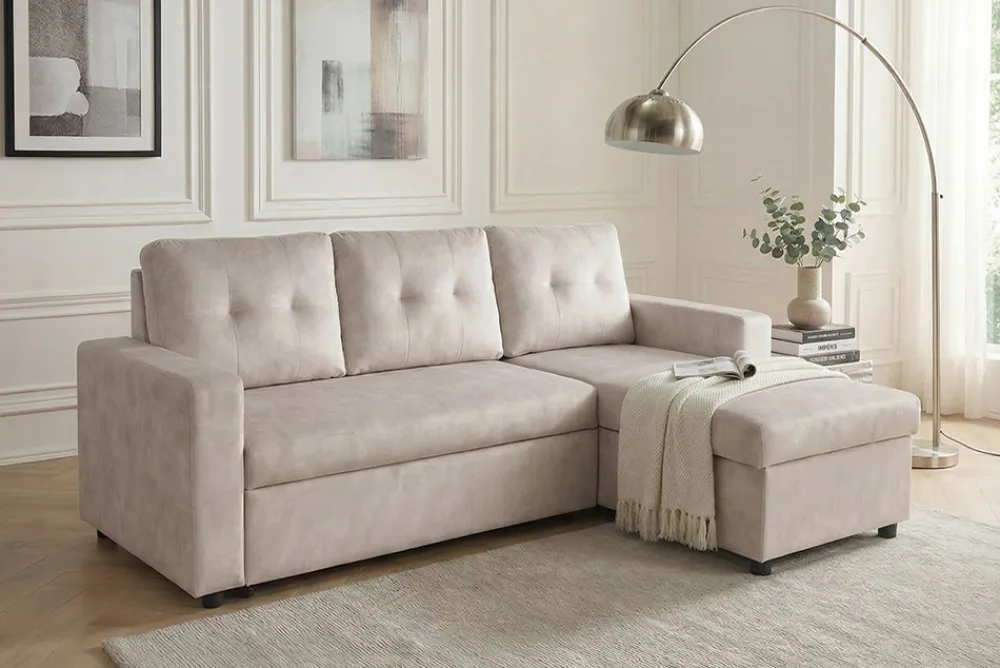Riess-Ambiente Samt Möbel|Ecksofa > Ecksofa mit Schlaffunktion APARTMENT beidseitig aufbaubar champagner beige Samt inkl. Stauraum
