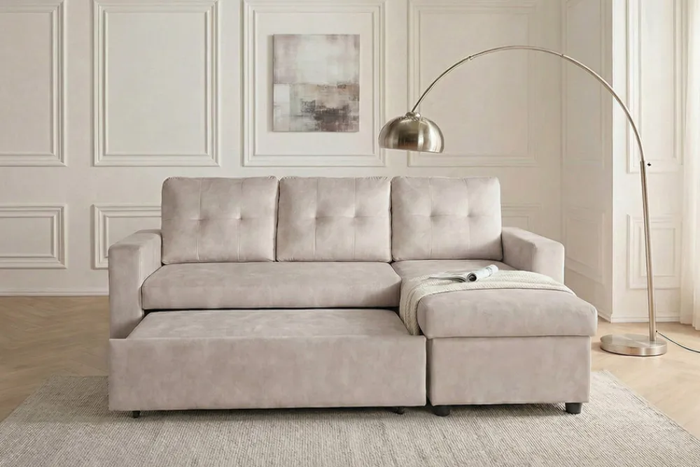 Riess-Ambiente Samt Möbel|Ecksofa > Ecksofa mit Schlaffunktion APARTMENT beidseitig aufbaubar champagner beige Samt inkl. Stauraum