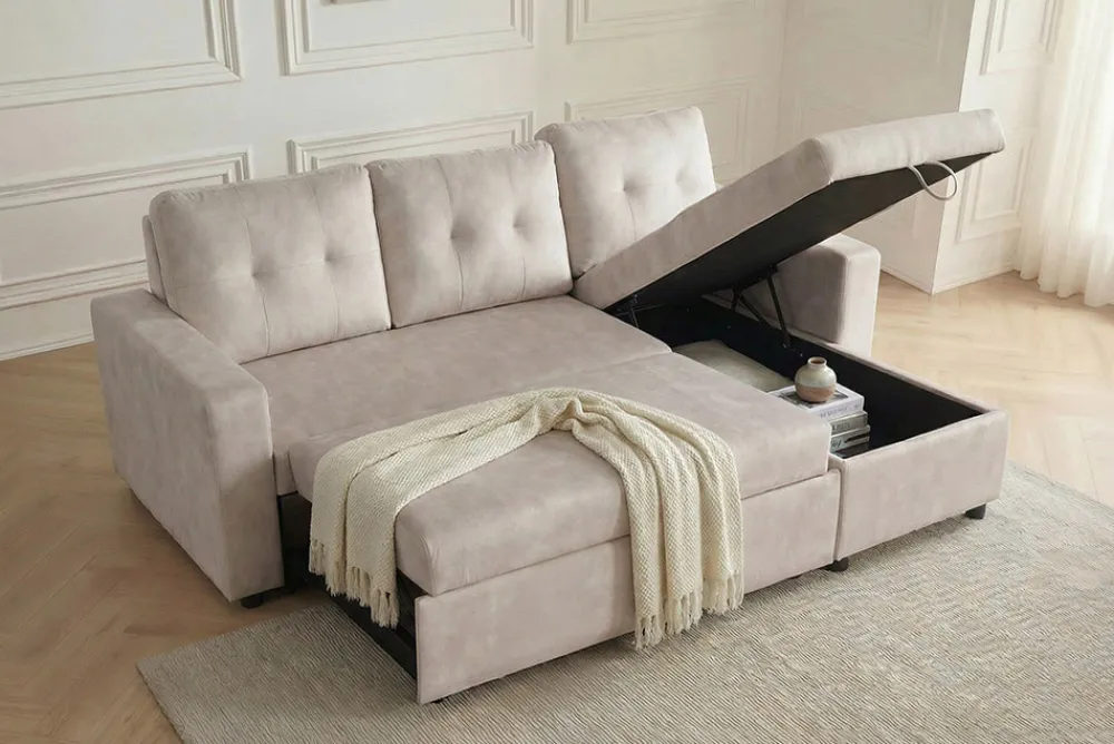 Riess-Ambiente Samt Möbel|Ecksofa > Ecksofa mit Schlaffunktion APARTMENT beidseitig aufbaubar champagner beige Samt inkl. Stauraum