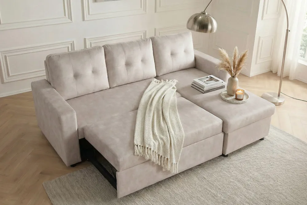 Riess-Ambiente Samt Möbel|Ecksofa > Ecksofa mit Schlaffunktion APARTMENT beidseitig aufbaubar champagner beige Samt inkl. Stauraum