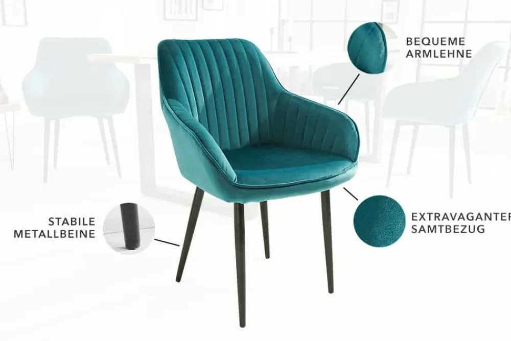 Riess-Ambiente Retro Möbel|Stühle > Edler Armlehnen Stuhl TURIN türkis Samt mit Ziersteppung