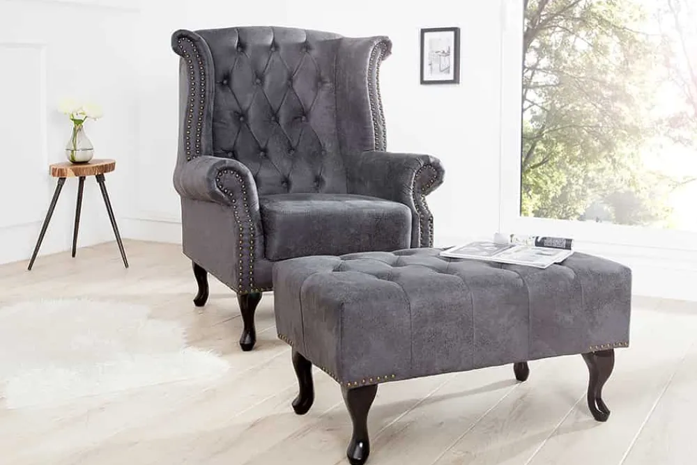 Riess-Ambiente Polsterhocker|Sitzhocker > Edler Chesterfield Fußhocker antik grau Microfaser mit Knopfheftung und Nietenbesatz
