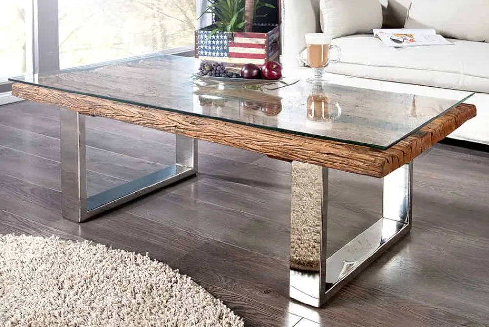 Riess-Ambiente Mehr...|Couchtische > Eindrucksvoller Couchtisch BARRACUDA 110cm antik Teakholz mit Kufengestell und Glas