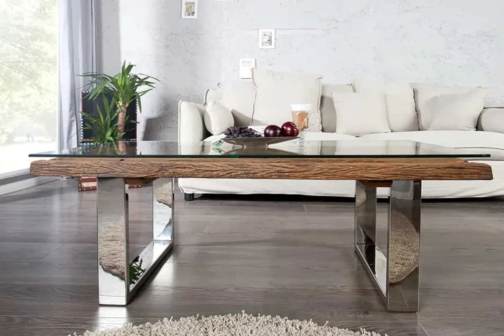 Riess-Ambiente Mehr...|Couchtische > Eindrucksvoller Couchtisch BARRACUDA 110cm antik Teakholz mit Kufengestell und Glas
