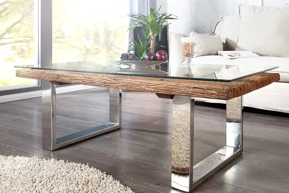Riess-Ambiente Mehr...|Couchtische > Eindrucksvoller Couchtisch BARRACUDA 110cm antik Teakholz mit Kufengestell und Glas