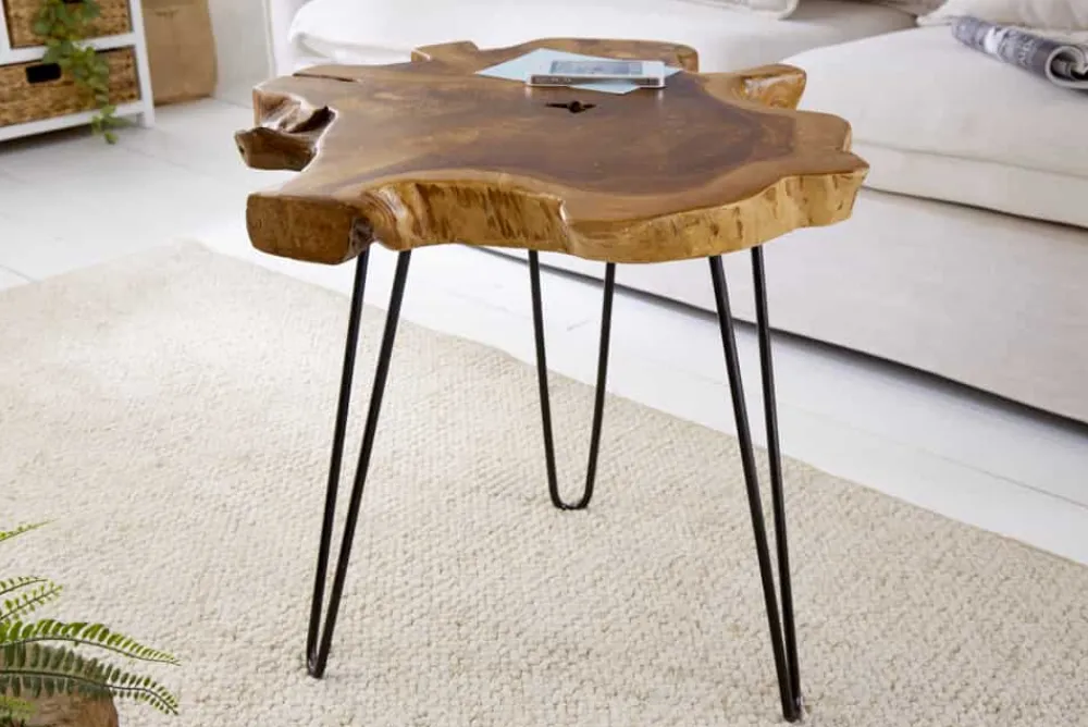 Riess-Ambiente Mehr...|Couchtische > Einzigartiger Beistelltisch WILD 50cm Teak Massivholz Baumscheibe Metallbeine schwarz