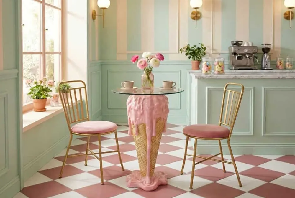Riess-Ambiente Bartische > Einzigartiger Bistrotisch ICE CREAM 75cm beige rosa runde Tischplatte Glas handmade