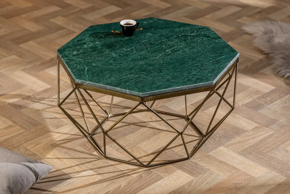 Riess-Ambiente Goldene Möbel|Couchtische & Truhen > Eleganter Couchtisch DIAMOND 70cm grün messing mit Marmorplatte