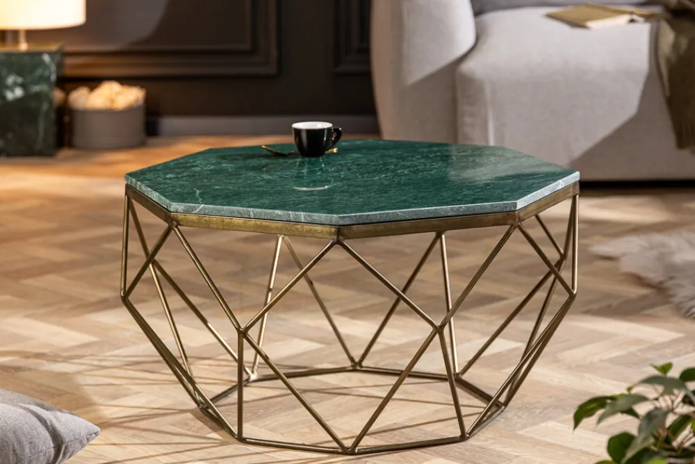 Riess-Ambiente Goldene Möbel|Couchtische & Truhen > Eleganter Couchtisch DIAMOND 70cm grün messing mit Marmorplatte
