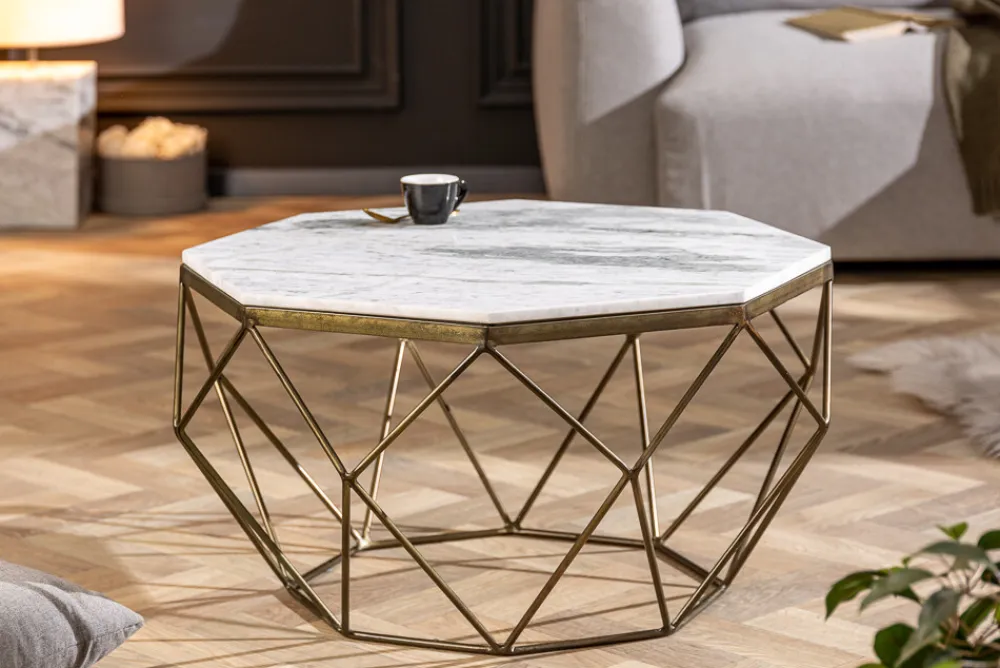 Riess-Ambiente Goldene Möbel|Couchtische & Truhen > Eleganter Couchtisch DIAMOND 70cm weiß messing mit Marmorplatte