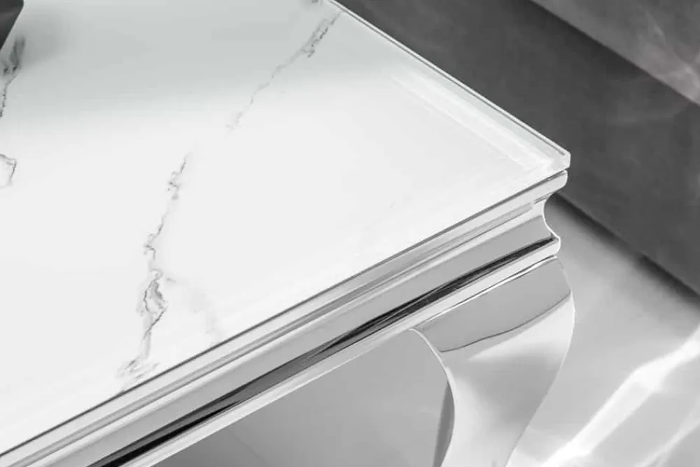 Riess-Ambiente Couchtische & Truhen > Eleganter Couchtisch MODERN BAROCK 100cm Glasplatte in Marmoroptik Edelstahlbeine