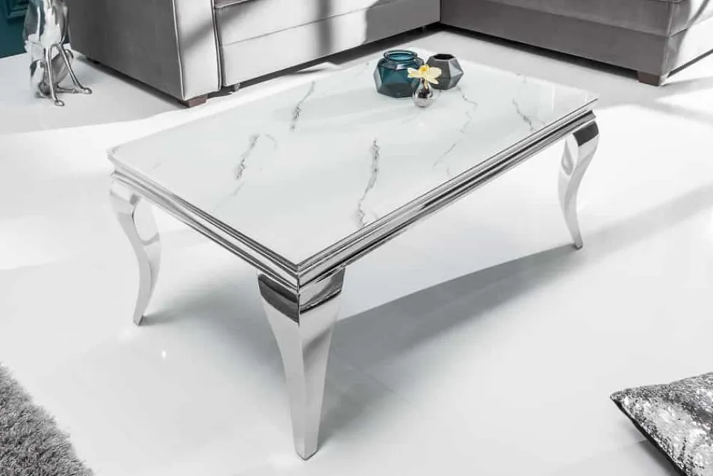Riess-Ambiente Couchtische & Truhen > Eleganter Couchtisch MODERN BAROCK 100cm Glasplatte in Marmoroptik Edelstahlbeine