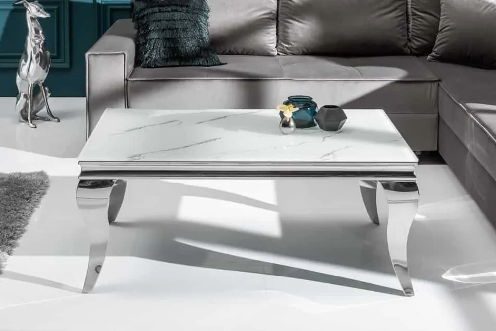 Riess-Ambiente Couchtische & Truhen > Eleganter Couchtisch MODERN BAROCK 100cm Glasplatte in Marmoroptik Edelstahlbeine