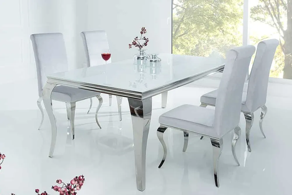 Riess-Ambiente Esstische > Eleganter Design Esstisch MODERN BAROCK 180cm weiß Edelstahl Opalglas Tischplatte