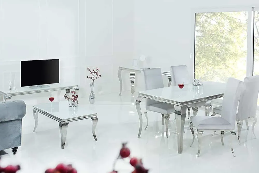 Riess-Ambiente Esstische > Eleganter Design Esstisch MODERN BAROCK 180cm weiß Edelstahl Opalglas Tischplatte