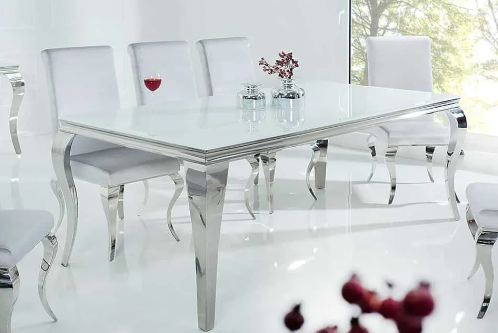 Riess-Ambiente Esstische > Eleganter Design Esstisch MODERN BAROCK 200cm weiß Edelstahl Opalglas Tischplatte