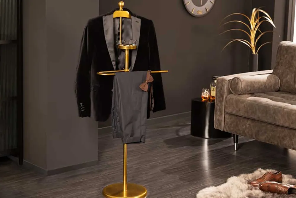 Riess-Ambiente Goldene Möbel|Garderoben > Eleganter Herrendiener VALET 128cm gold Aluminium Kleiderhaken Garderobenständer