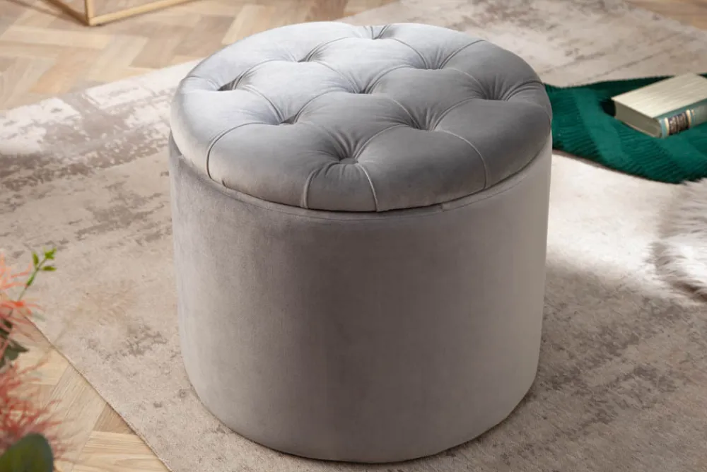 Riess-Ambiente Sitzhocker|Samt Möbel > Eleganter Hocker MODERN BAROCK 50cm silbergrau Samt Aufbewahrungkorb