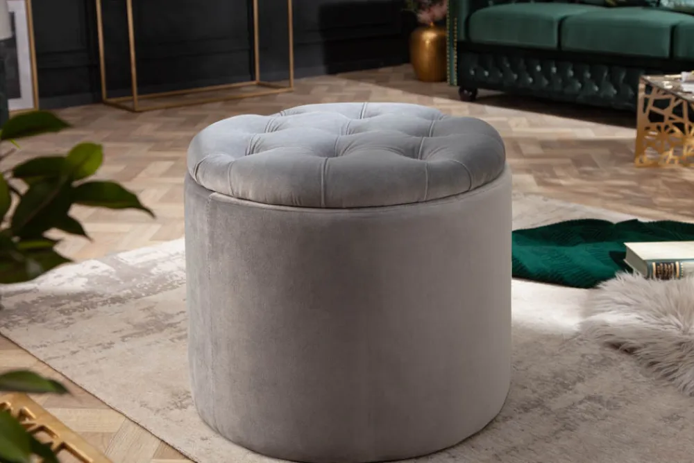 Riess-Ambiente Sitzhocker|Samt Möbel > Eleganter Hocker MODERN BAROCK 50cm silbergrau Samt Aufbewahrungkorb