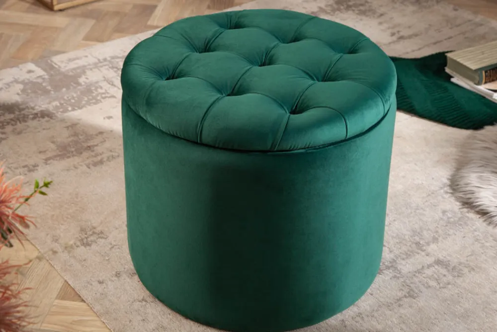 Riess-Ambiente Sitzhocker|Samt Möbel > Eleganter Hocker MODERN BAROCK 50cm dunkelgrün Samt Aufbewahrungkorb