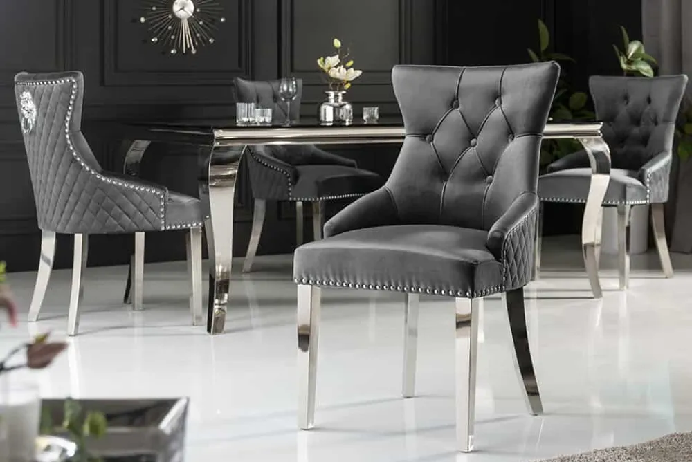 Riess-Ambiente Stühle|Samt Möbel > Eleganter Stuhl CASTLE DELUXE grau Samt Löwenkopf Chesterfield Design Esszimmerstuhl Nieten