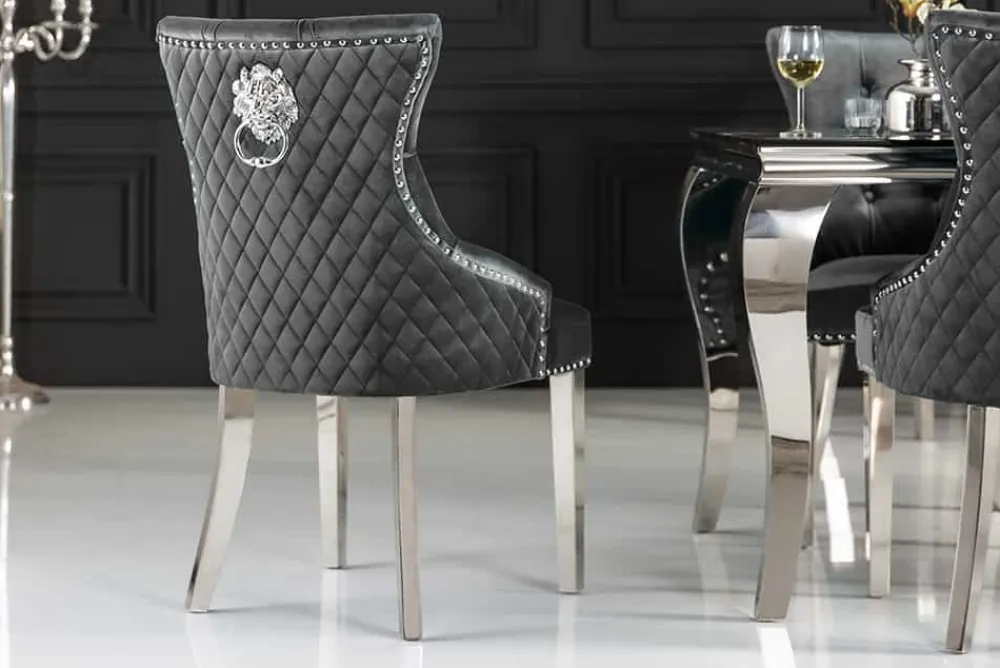 Riess-Ambiente Stühle|Samt Möbel > Eleganter Stuhl CASTLE DELUXE grau Samt Löwenkopf Chesterfield Design Esszimmerstuhl Nieten