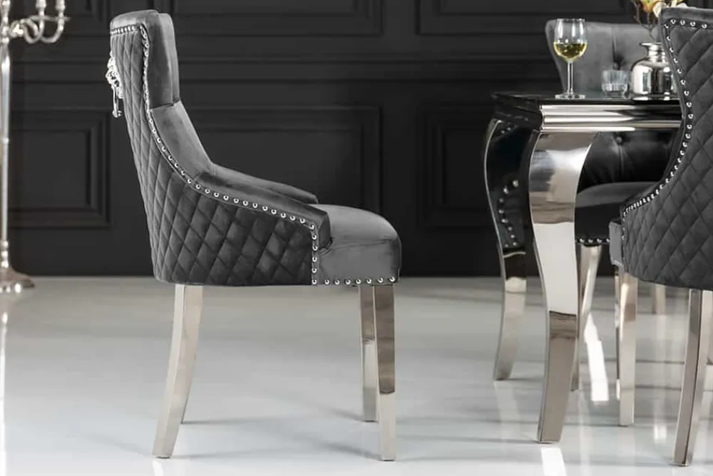 Riess-Ambiente Stühle|Samt Möbel > Eleganter Stuhl CASTLE DELUXE grau Samt Löwenkopf Chesterfield Design Esszimmerstuhl Nieten
