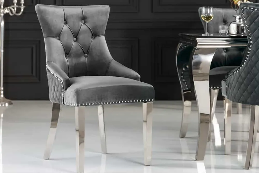 Riess-Ambiente Stühle|Samt Möbel > Eleganter Stuhl CASTLE DELUXE grau Samt Löwenkopf Chesterfield Design Esszimmerstuhl Nieten