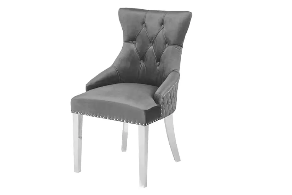 Riess-Ambiente Stühle|Samt Möbel > Eleganter Stuhl CASTLE DELUXE grau Samt Löwenkopf Chesterfield Design Esszimmerstuhl Nieten