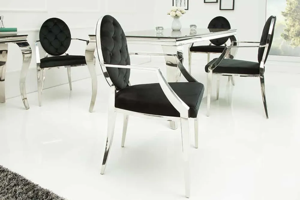 Riess-Ambiente Stühle|Samt Möbel > Eleganter Stuhl MODERN BAROCK schwarz Samt mit Armlehnen und Zierknöpfen