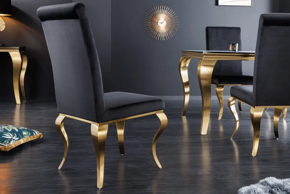 Riess-Ambiente Stühle|Samt Möbel > Eleganter Stuhl MODERN BAROCK schwarz Samt goldene Stuhlbeine aus Edelstahl