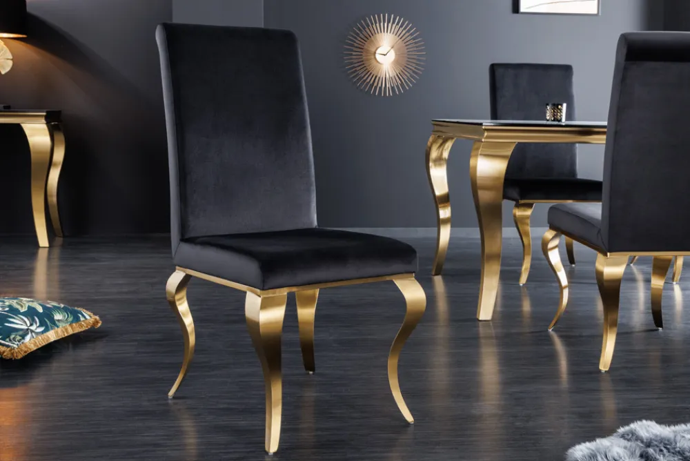 Riess-Ambiente Stühle|Samt Möbel > Eleganter Stuhl MODERN BAROCK schwarz Samt goldene Stuhlbeine aus Edelstahl