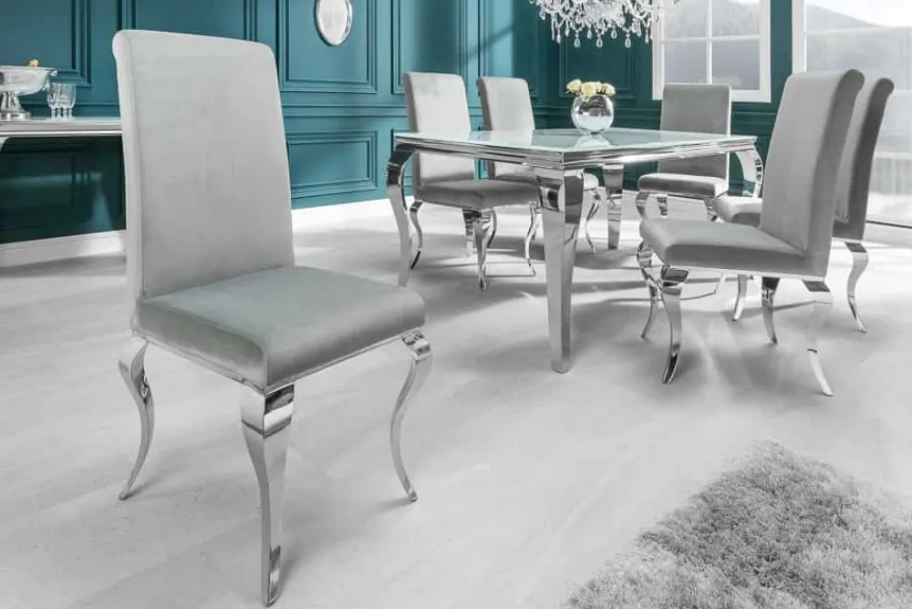 Riess-Ambiente Stühle|Samt Möbel > Eleganter Stuhl MODERN BAROCK edel-grau Samt Stuhlbeine aus Edelstahl