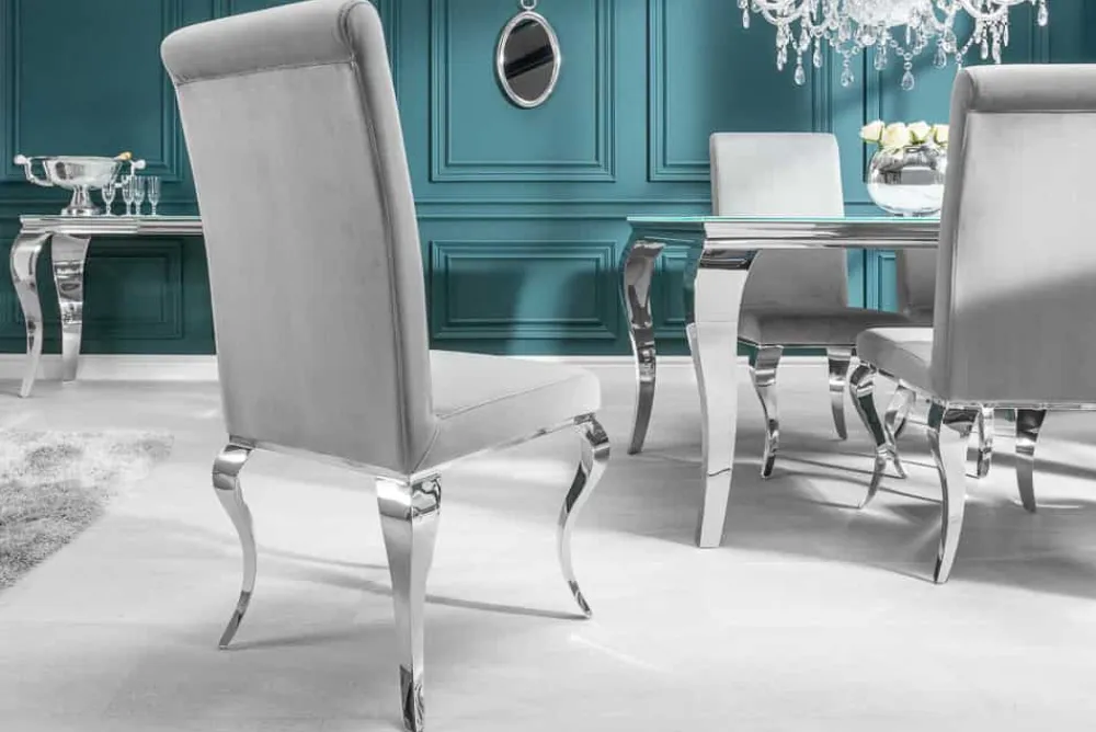 Riess-Ambiente Stühle|Samt Möbel > Eleganter Stuhl MODERN BAROCK edel-grau Samt Stuhlbeine aus Edelstahl